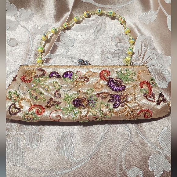 Handbags - Embroidered Beaded Clutch with Beaded Handle